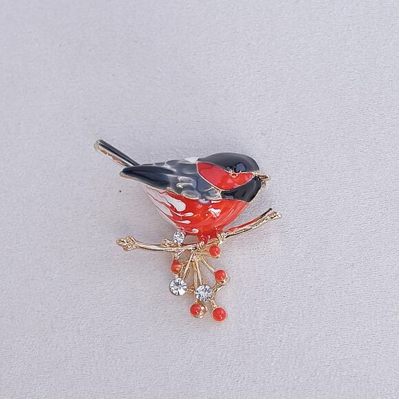 Bullfinch Bird Brooch Colorful Red Enamel Small Crystals Gold Tone Metal Cute - Picture 1 of 5